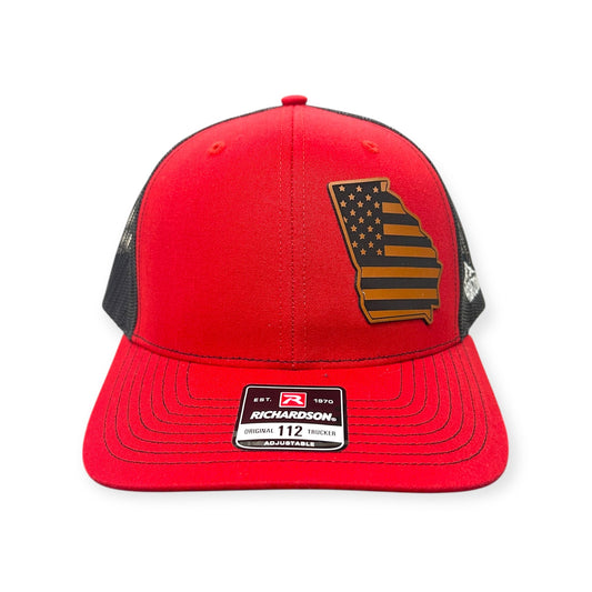 Front view of Georgia US Flag patch hat by Horizon Hat Co. in red/black showing american flag within a georgia-shaped patch