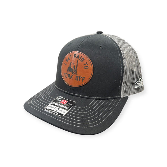 Angled view of I Get Paid to Fork Off patch hat by Horizon Hat Co. in heather black/charcoal showing the curved bill and side panels