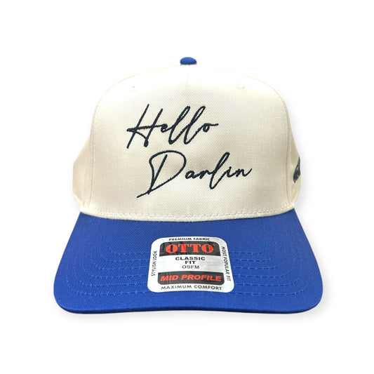 Front view of Hello Darlin' cap by Horizon Hat Co. in Natural/Blue showing hello darlin' front embroidery