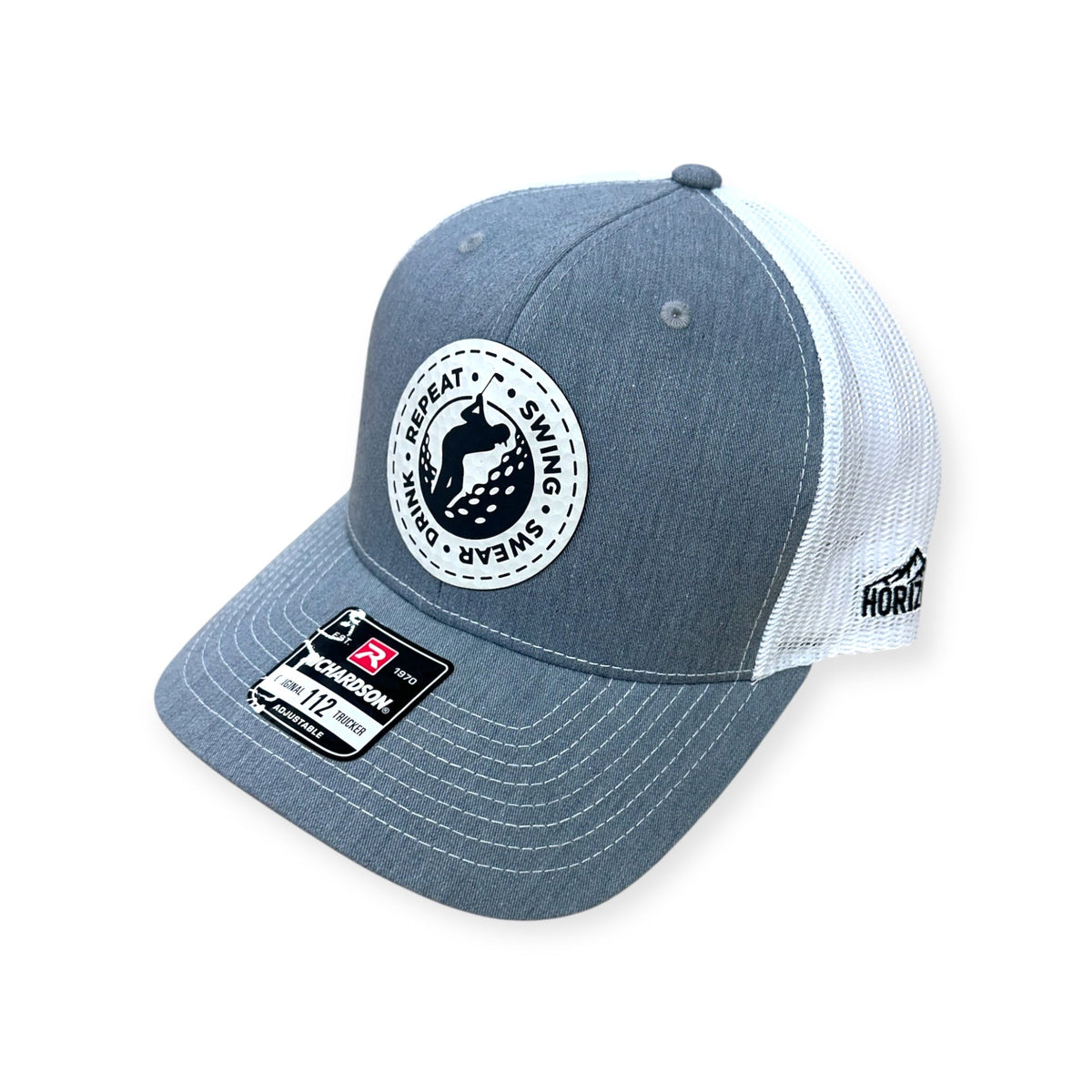 Angled view of Swing, Swear, Drink, Repeat patch hat by Horizon Hat Co. in heather gray/white showing the curved bill and side panels