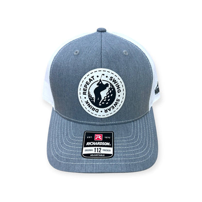 Front view of Swing, Swear, Drink, Repeat patch hat by Horizon Hat Co. in heather gray/white showing golf-humor design on a golf-ball-textured patch
