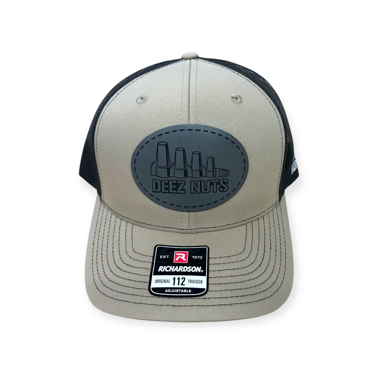 Front view of Deez Nuts patch hat by Horizon Hat Co. in khaki/brown showing wire-nut illustration and electrician-humor lettering