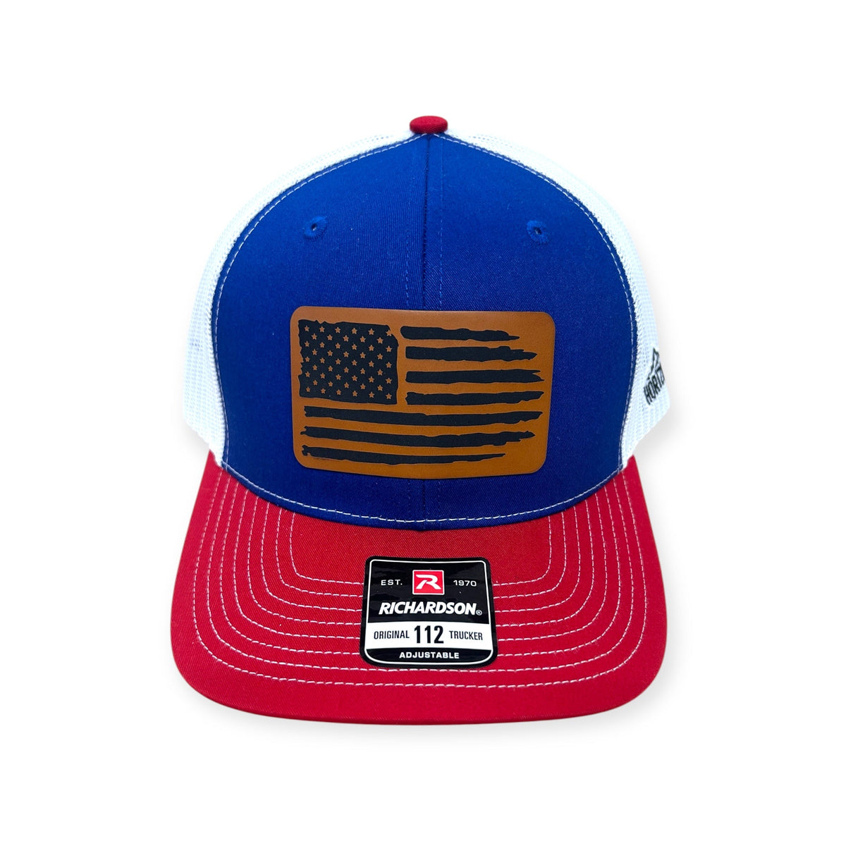 Front view of American Flag patch hat by Horizon Hat Co. in royal/white/red showing american flag front patch