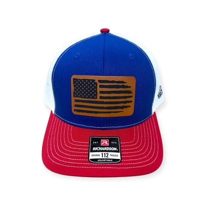Front view of American Flag patch hat by Horizon Hat Co. in royal/white/red showing american flag front patch