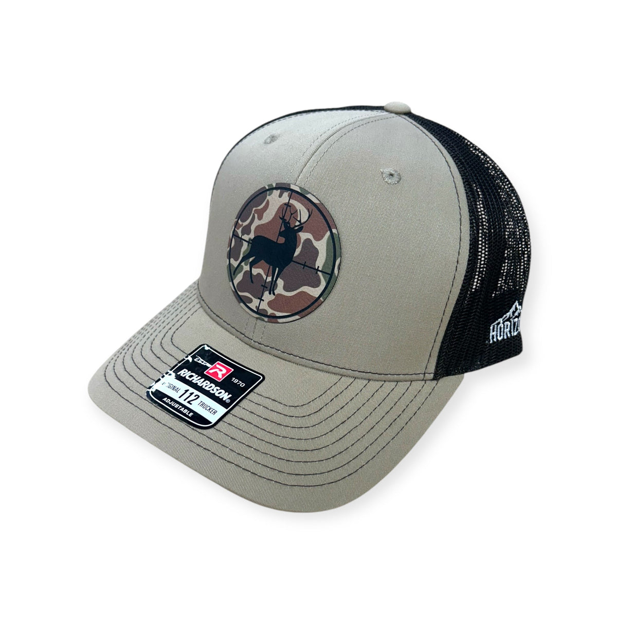 Angled view of Deer Scope patch hat by Horizon Hat Co. in khaki/coffee showing the bill and side panels