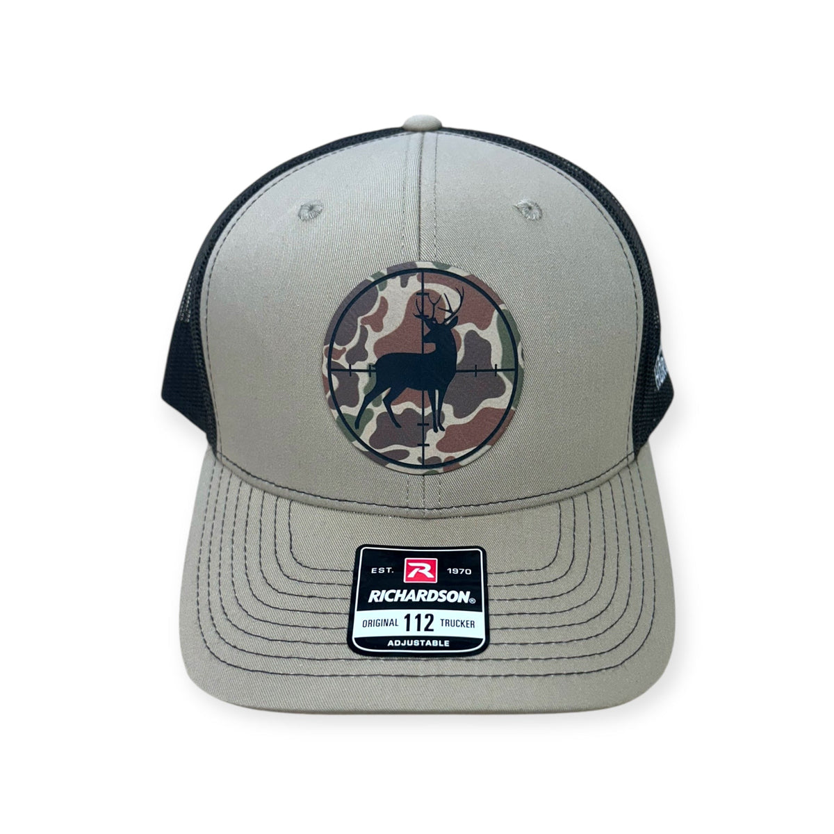 Front view of Deer Scope patch hat by Horizon Hat Co. in khaki/coffee showing deer seen through a scope on a camouflage patch