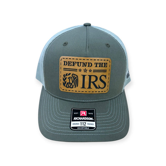 Front view of Defund the IRS patch hat by Horizon Hat Co. in beetle/quarry showing defund the irs political-humor patch