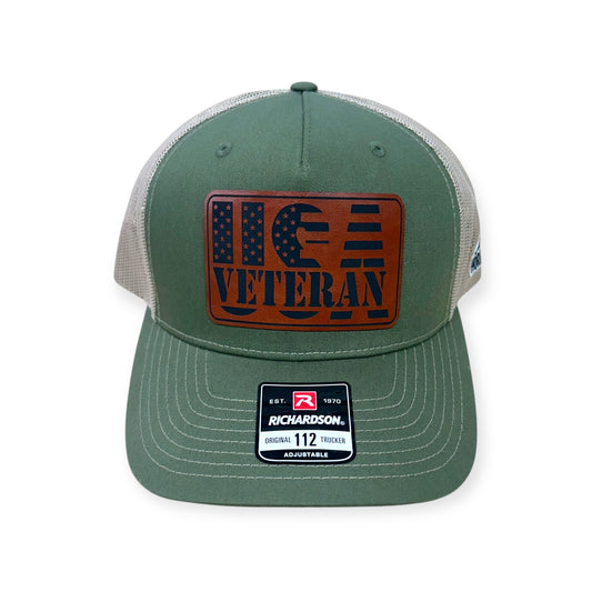 Front view of Veteran US Flag patch hat by Horizon Hat Co. in army olive/tan showing veteran lettering with the u.s. flag