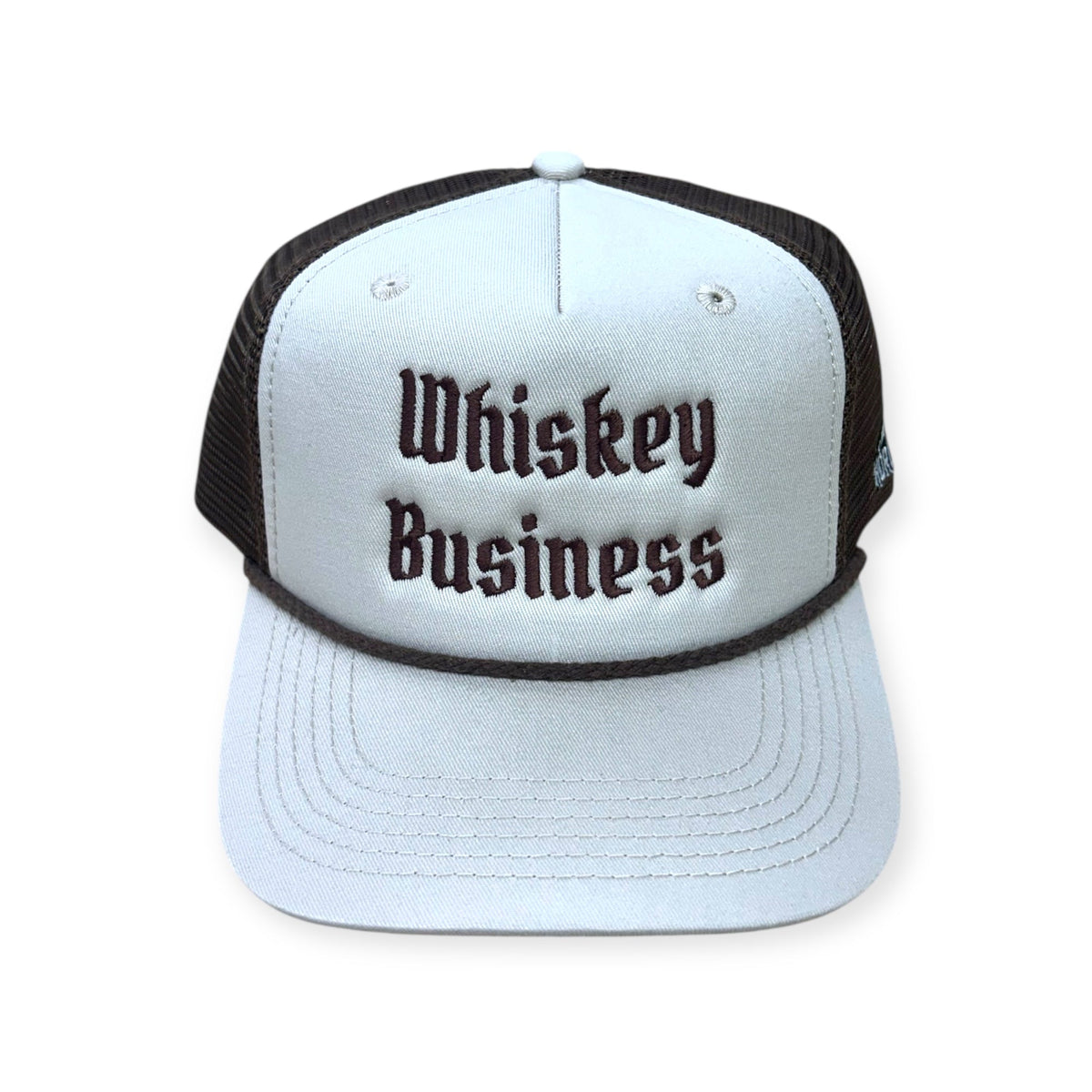 Front view of Whiskey Business embroidered cap by Horizon Hat Co. in sand/chocolate showing whiskey business front embroidery