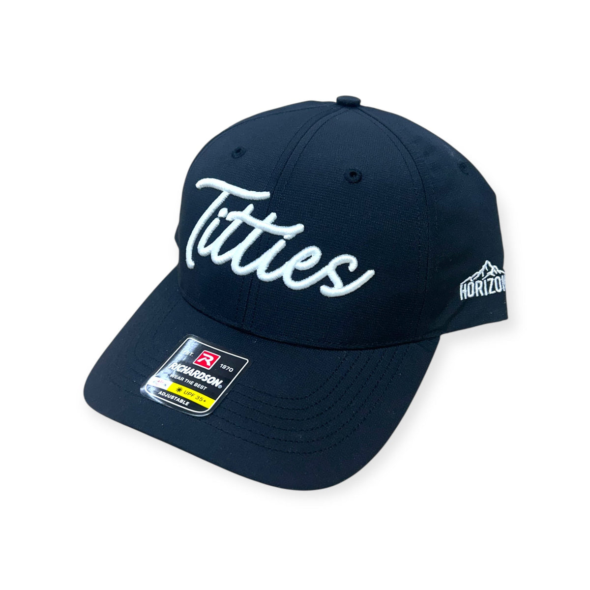 Angled view of the black embroidered golf cap