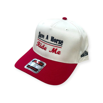 Angled view of Save a Horse, Ride Me embroidered cap by Horizon Hat Co. in natural/red showing the bill and side panels
