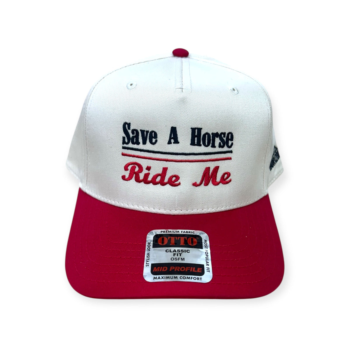 Front view of Save a Horse, Ride Me embroidered cap by Horizon Hat Co. in natural/red showing save a horse, ride me embroidery on two different cap styles
