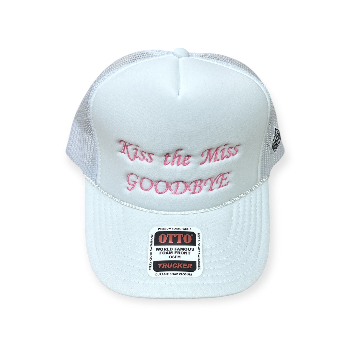 Front view of Kiss the Miss Goodbye embroidered cap by Horizon Hat Co. in white/pink lettering showing kiss the miss goodbye bridal-party embroidery