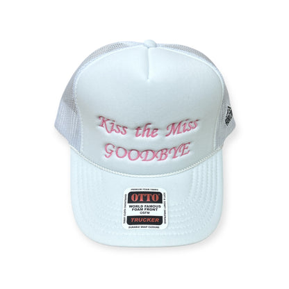Front view of Kiss the Miss Goodbye embroidered cap by Horizon Hat Co. in white/pink lettering showing kiss the miss goodbye bridal-party embroidery