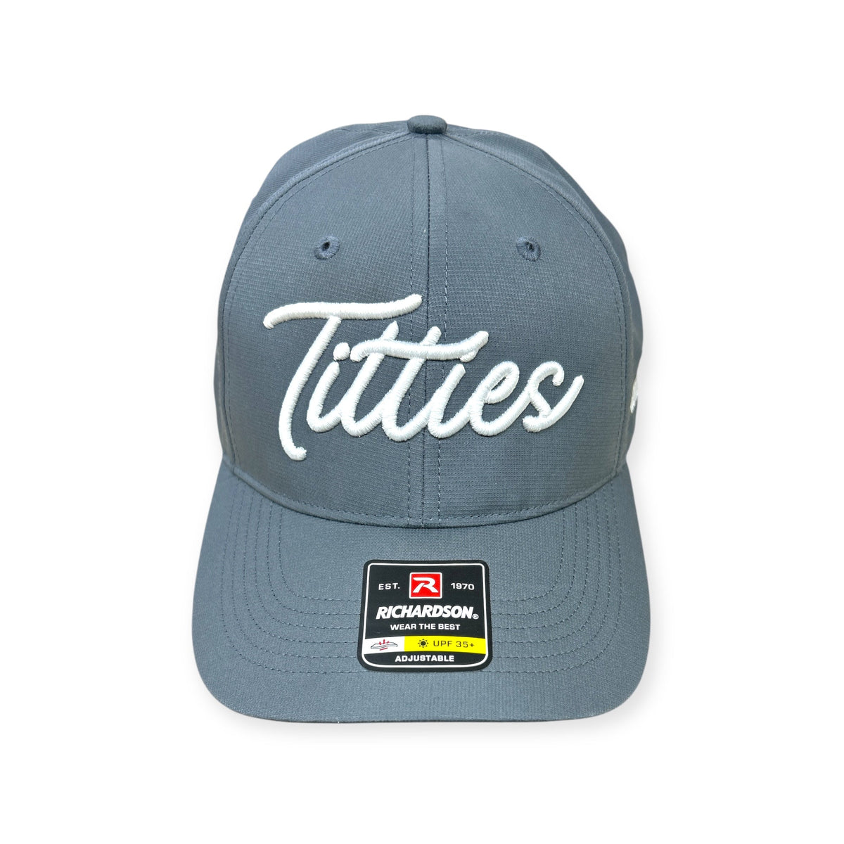 Charcoal Richardson 225 cap with white T*tties embroidery, front view
