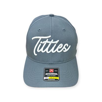 Charcoal Richardson 225 cap with white T*tties embroidery, front view