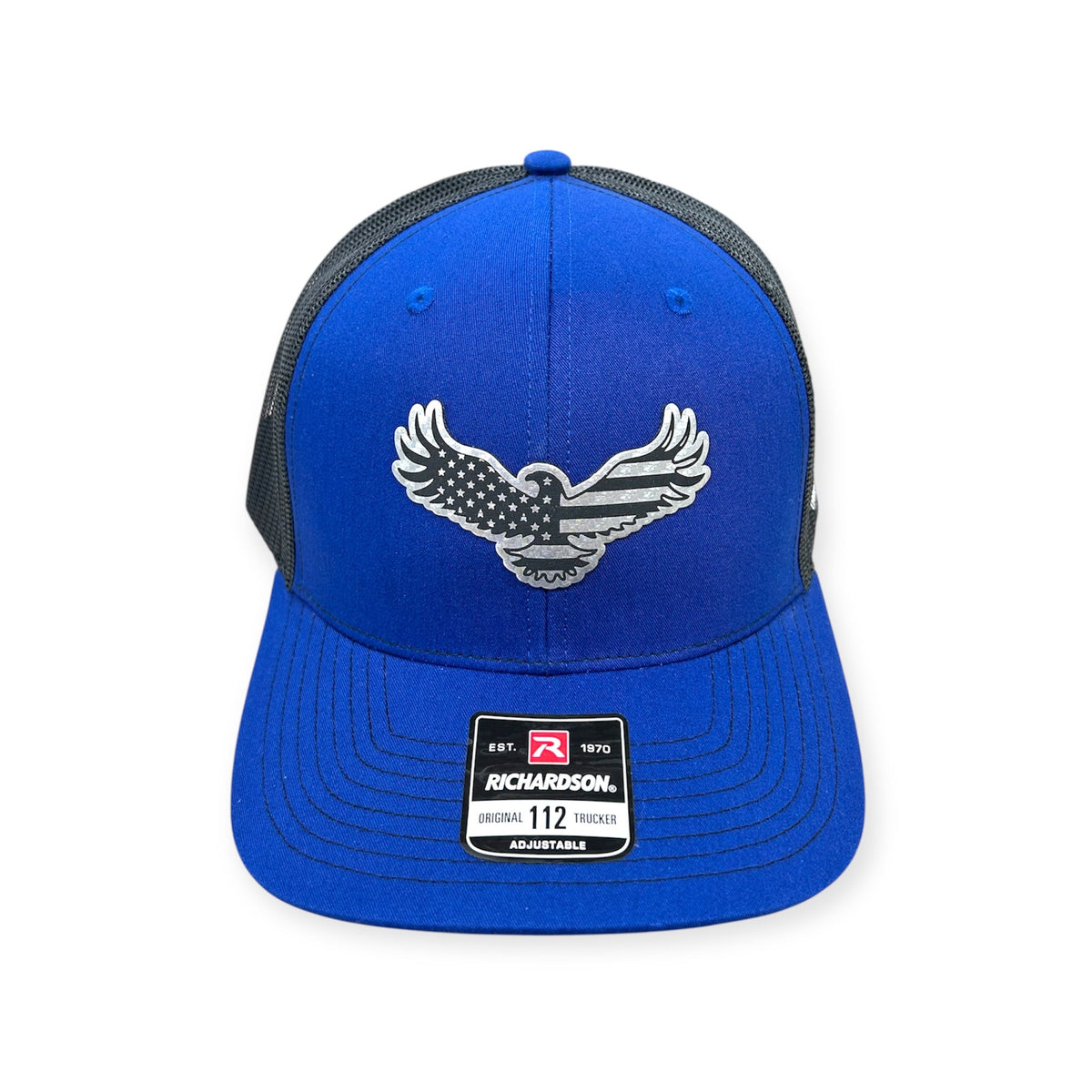 Front view of Eagle Flag patch hat by Horizon Hat Co. in royal/black showing eagle with an american flag design on a metallic-pattern patch