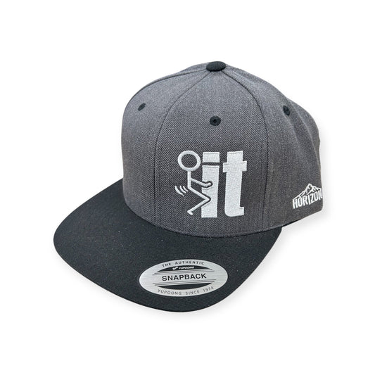 Angled view of F*ck It Stick Figure embroidered cap by Horizon Hat Co. in dark heather/black showing the flat bill and crown
