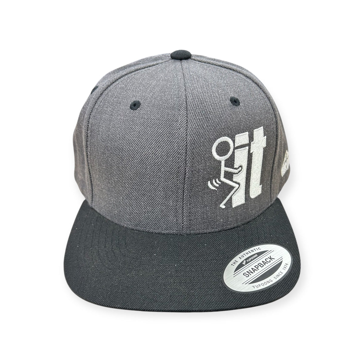 Front view of F*ck It Stick Figure embroidered cap by Horizon Hat Co. in dark heather/black showing suggestive stick-figure embroidery beside it lettering