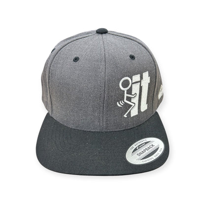 Front view of F*ck It Stick Figure embroidered cap by Horizon Hat Co. in dark heather/black showing suggestive stick-figure embroidery beside it lettering