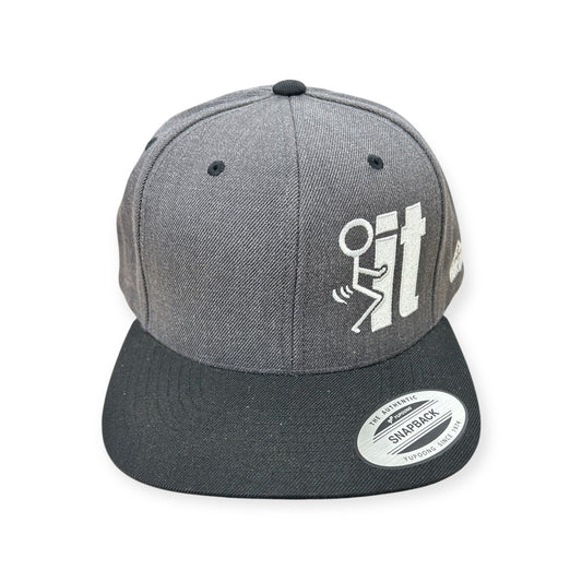 Front view of F*ck It Stick Figure embroidered cap by Horizon Hat Co. in dark heather/black showing suggestive stick-figure embroidery beside it lettering