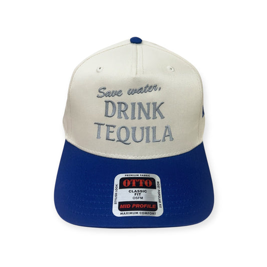 Front view of Save Water, Drink Tequila embroidered cap by Horizon Hat Co. in natural/blue showing save water drink tequila front embroidery
