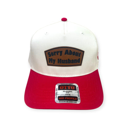 Front view of Sorry About My Husband patch hat by Horizon Hat Co. in natural/red showing sorry about my husband relationship-humor patch