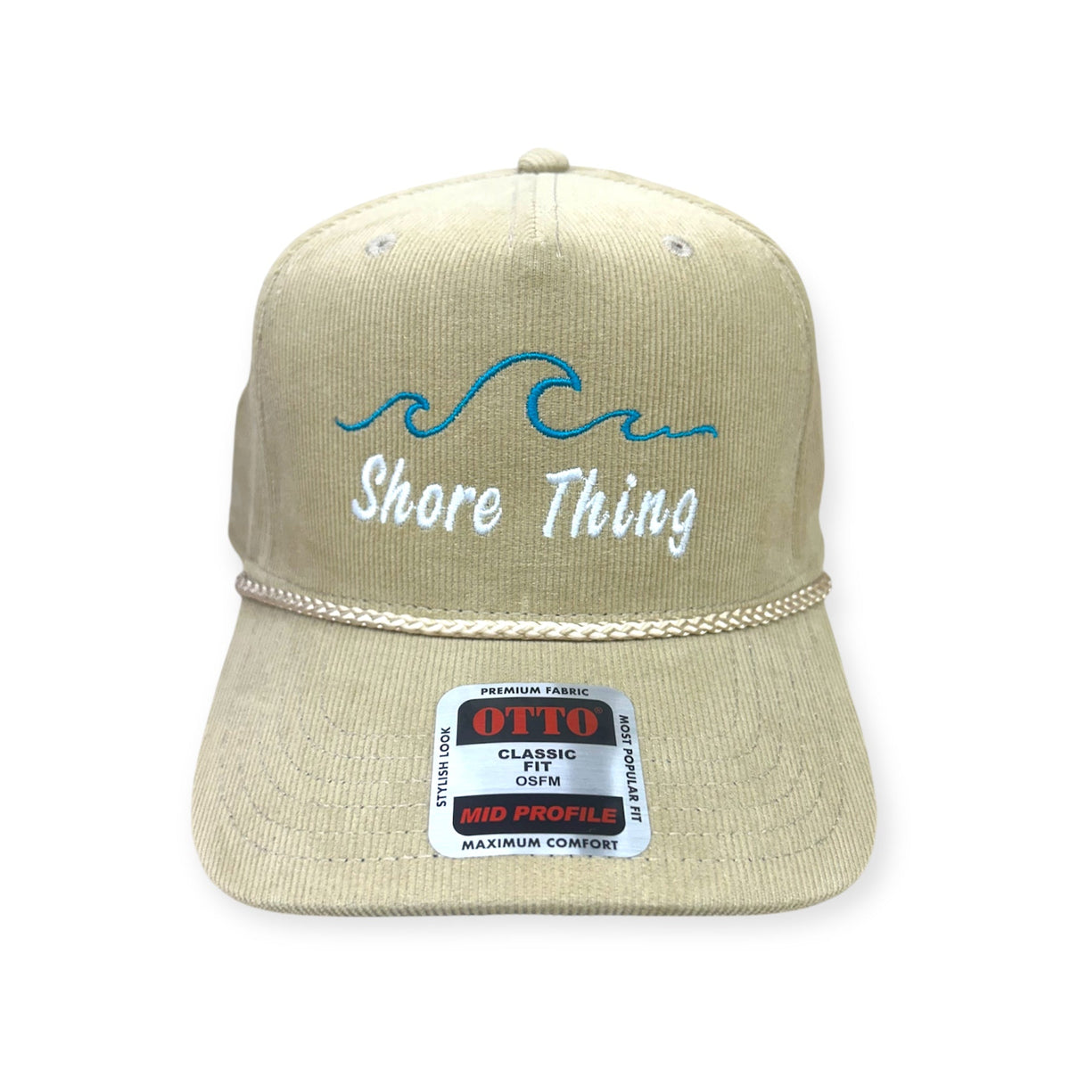 Front view of Shore Thing embroidered cap by Horizon Hat Co. in tan showing shore thing lettering and wave embroidery