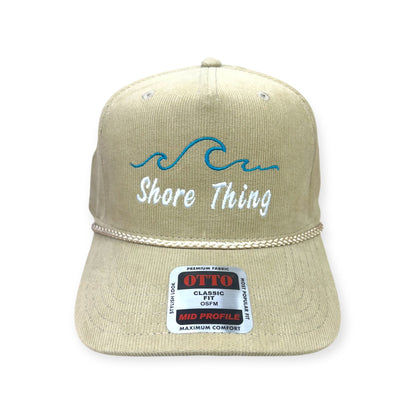 Front view of Shore Thing embroidered cap by Horizon Hat Co. in tan showing shore thing lettering and wave embroidery