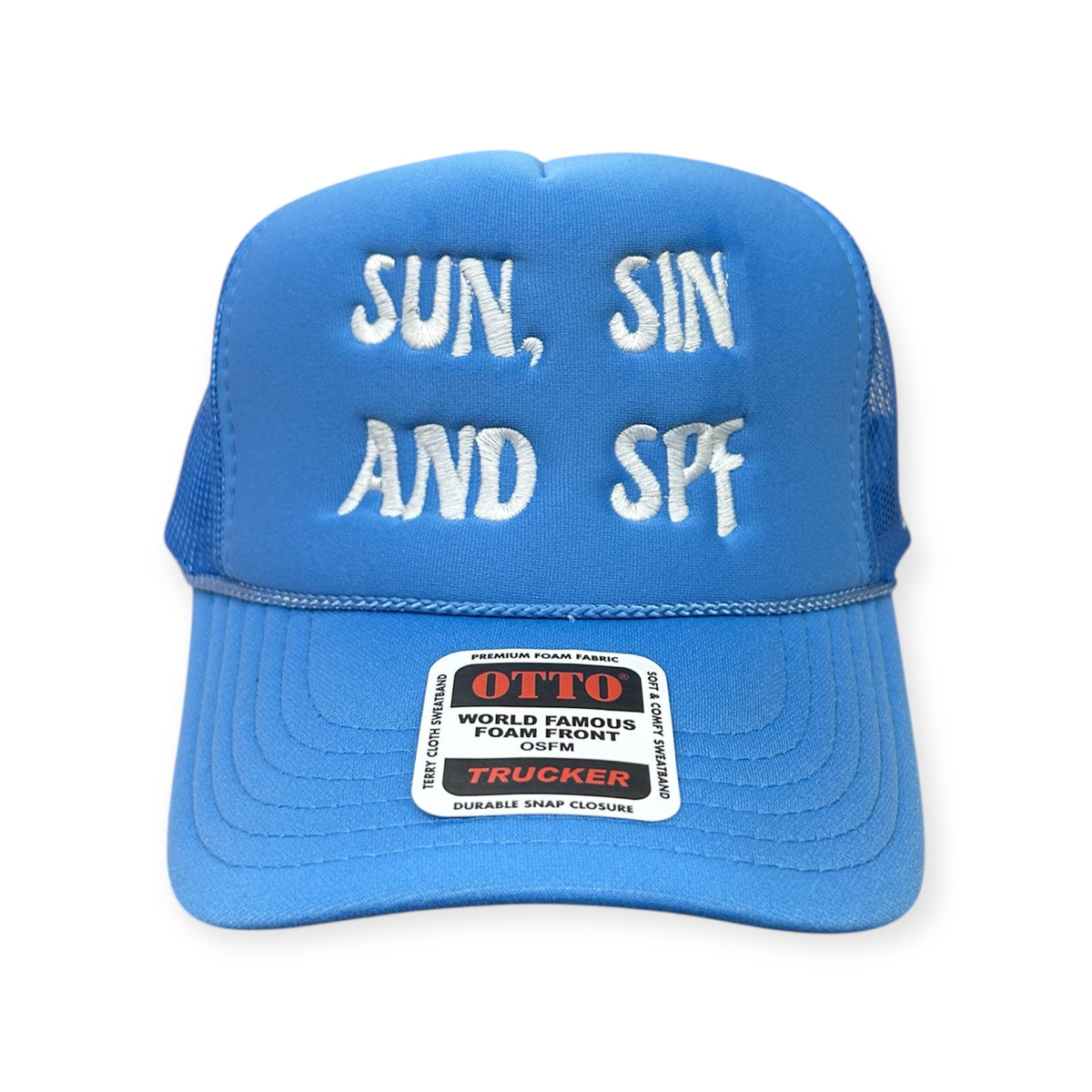 Front view of Sun, Sin, and SPF embroidered cap by Horizon Hat Co. in blue/white lettering showing sun, sin, and spf front embroidery