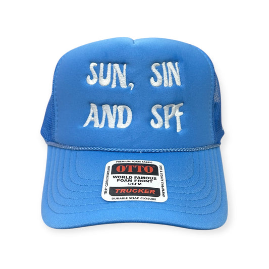 Front view of Sun, Sin, and SPF embroidered cap by Horizon Hat Co. in blue/white lettering showing sun, sin, and spf front embroidery