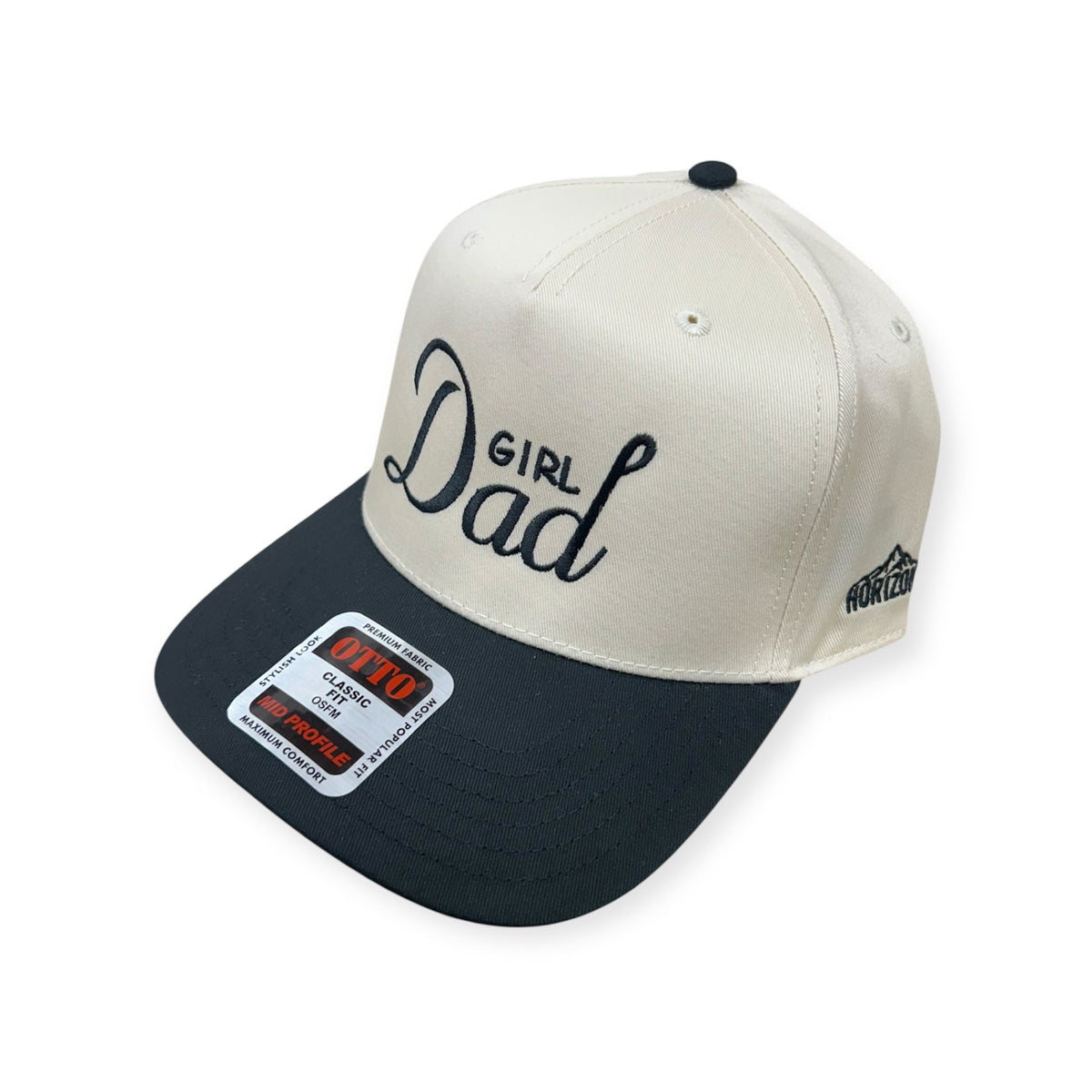 Angled view of Girl Dad embroidered cap by Horizon Hat Co. in natural/black showing the bill and side panels