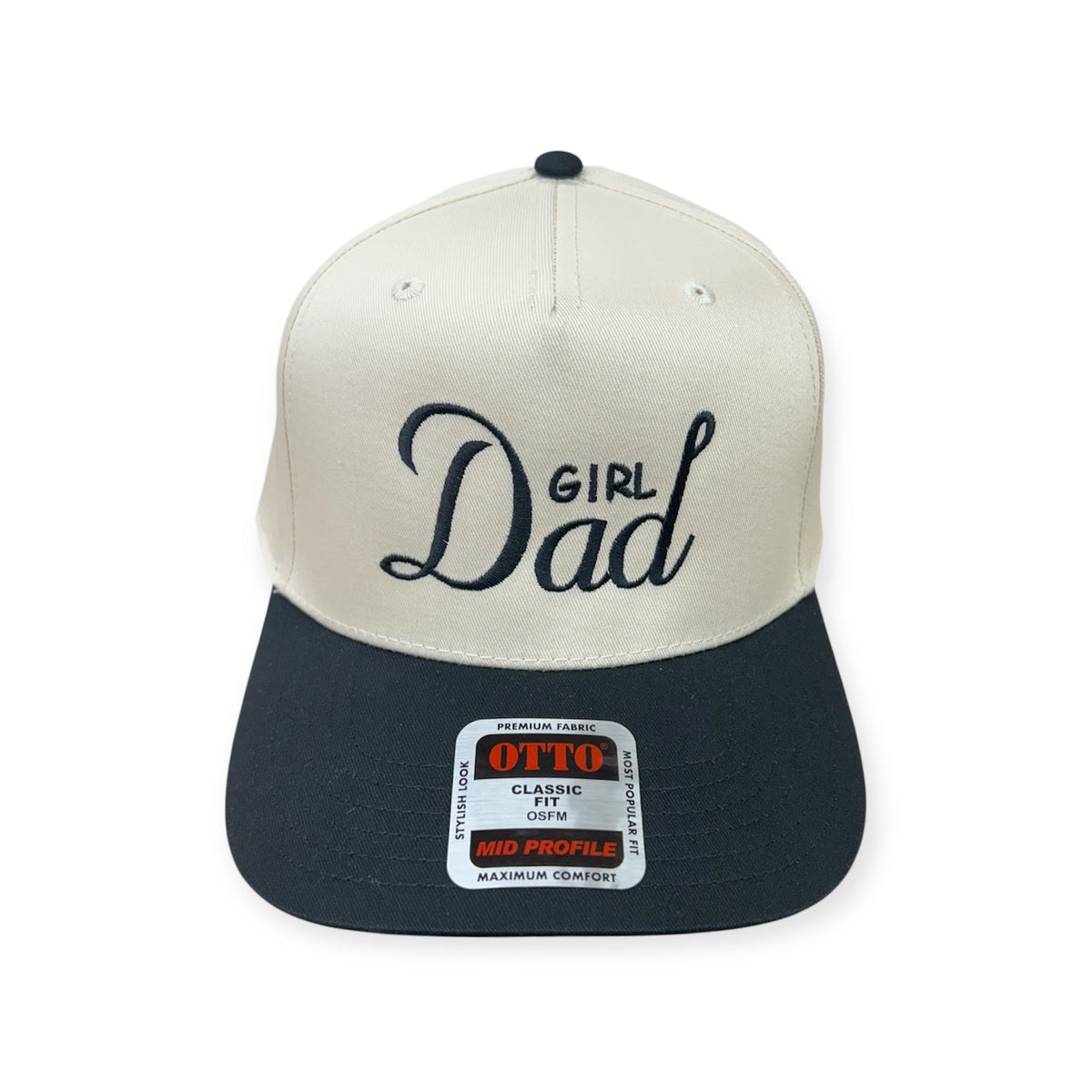 Front view of Girl Dad embroidered cap by Horizon Hat Co. in natural/black showing girl dad front embroidery