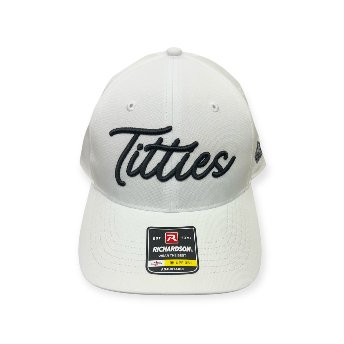 White Richardson 225 cap with black T*tties script embroidery