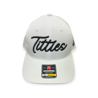White Richardson 225 cap with black T*tties script embroidery