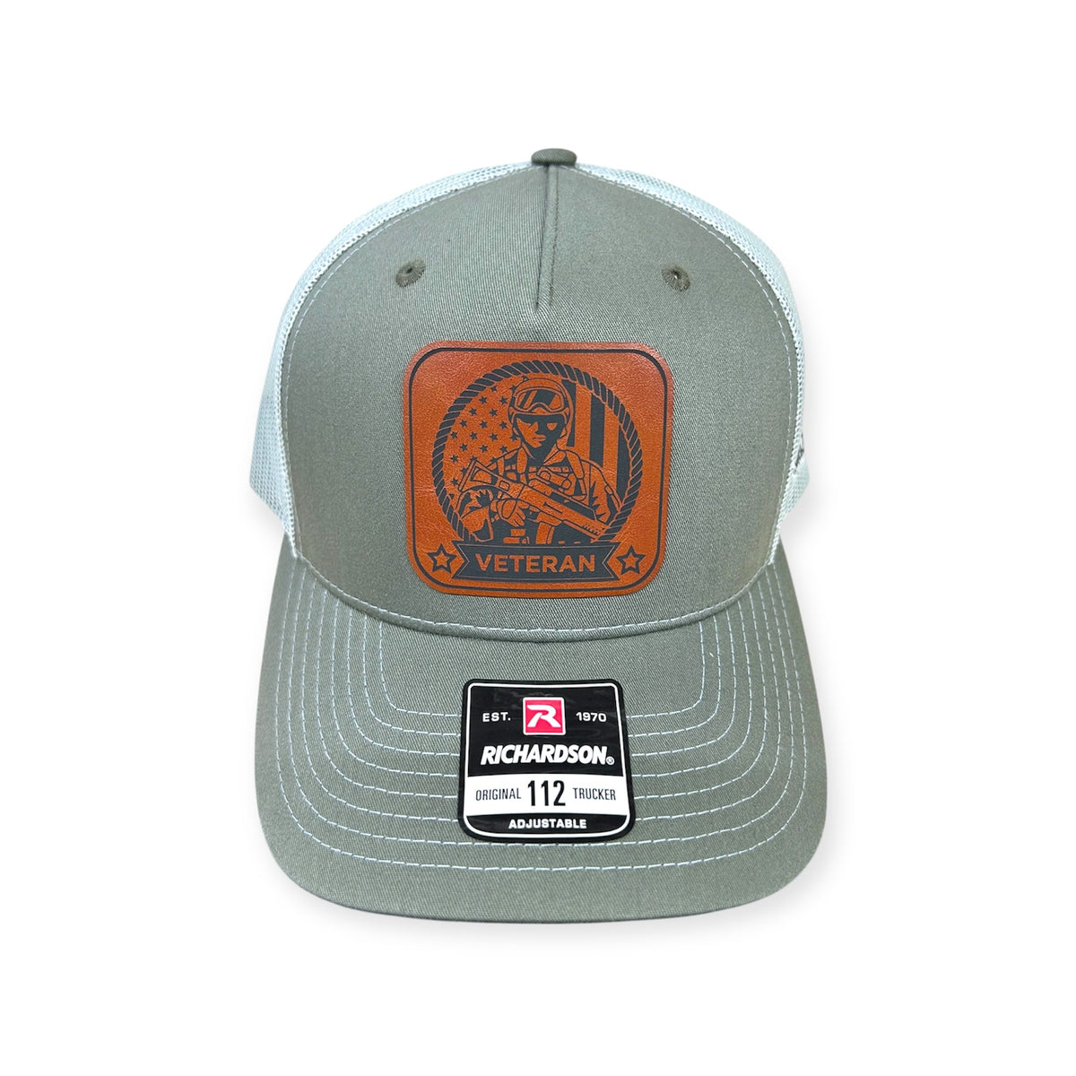 Front view of Veteran #2 patch hat by Horizon Hat Co. in beetle/quarry showing veteran lettering and u.s. flag patch