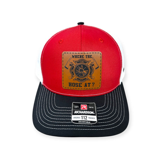 Front view of Where The Hose At? patch hat by Horizon Hat Co. in red/white/black showing firefighter humor; hose-themed patch