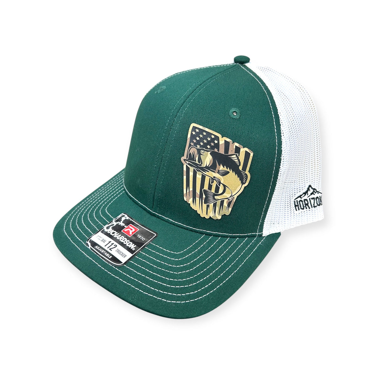 Angled view of Fish Flag patch hat by Horizon Hat Co. in dark green/white showing the bill and side panels