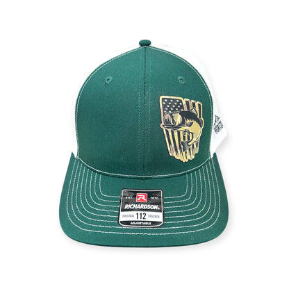 Front view of Fish Flag patch hat by Horizon Hat Co. in dark green/white showing fish and american flag artwork on a camouflage patch