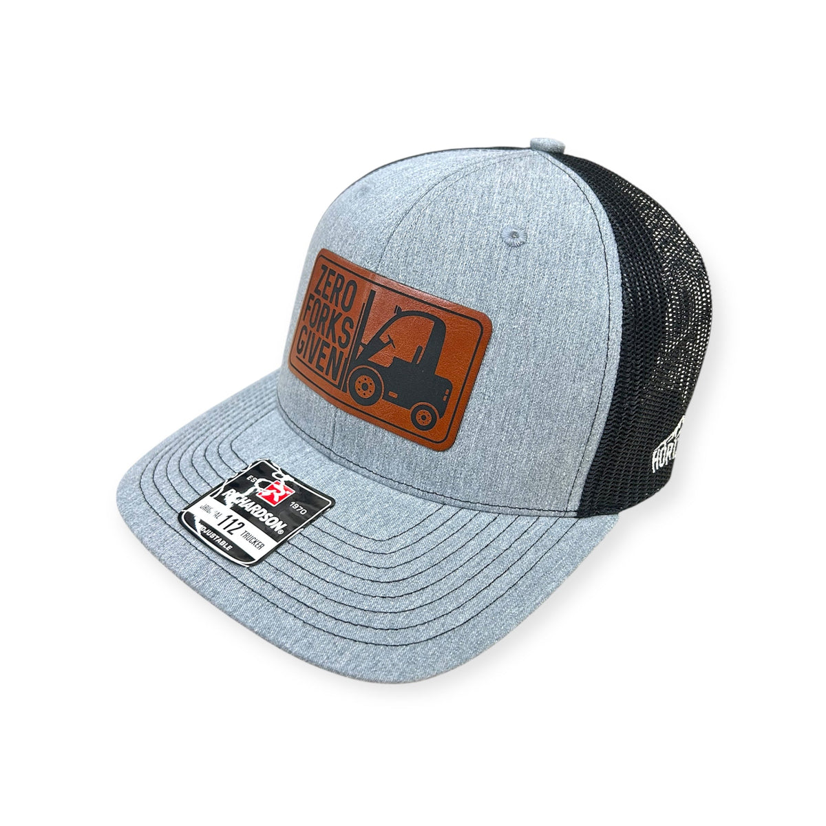 Angled view of Zero Forks Given patch hat by Horizon Hat Co. in heather gray/black showing the curved bill and side panels