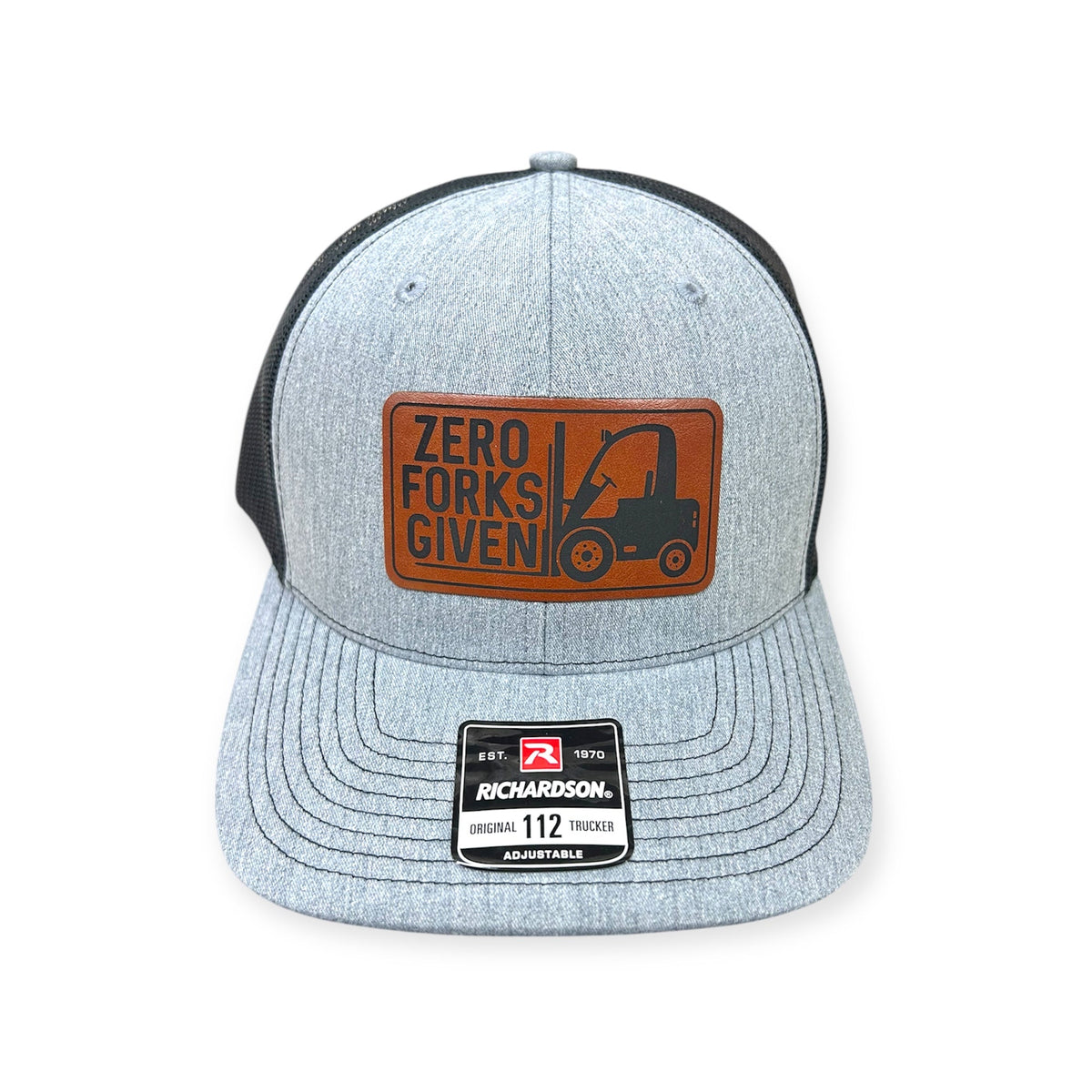 Front view of Zero Forks Given patch hat by Horizon Hat Co. in heather gray/black showing forklift illustration and workplace-humor lettering