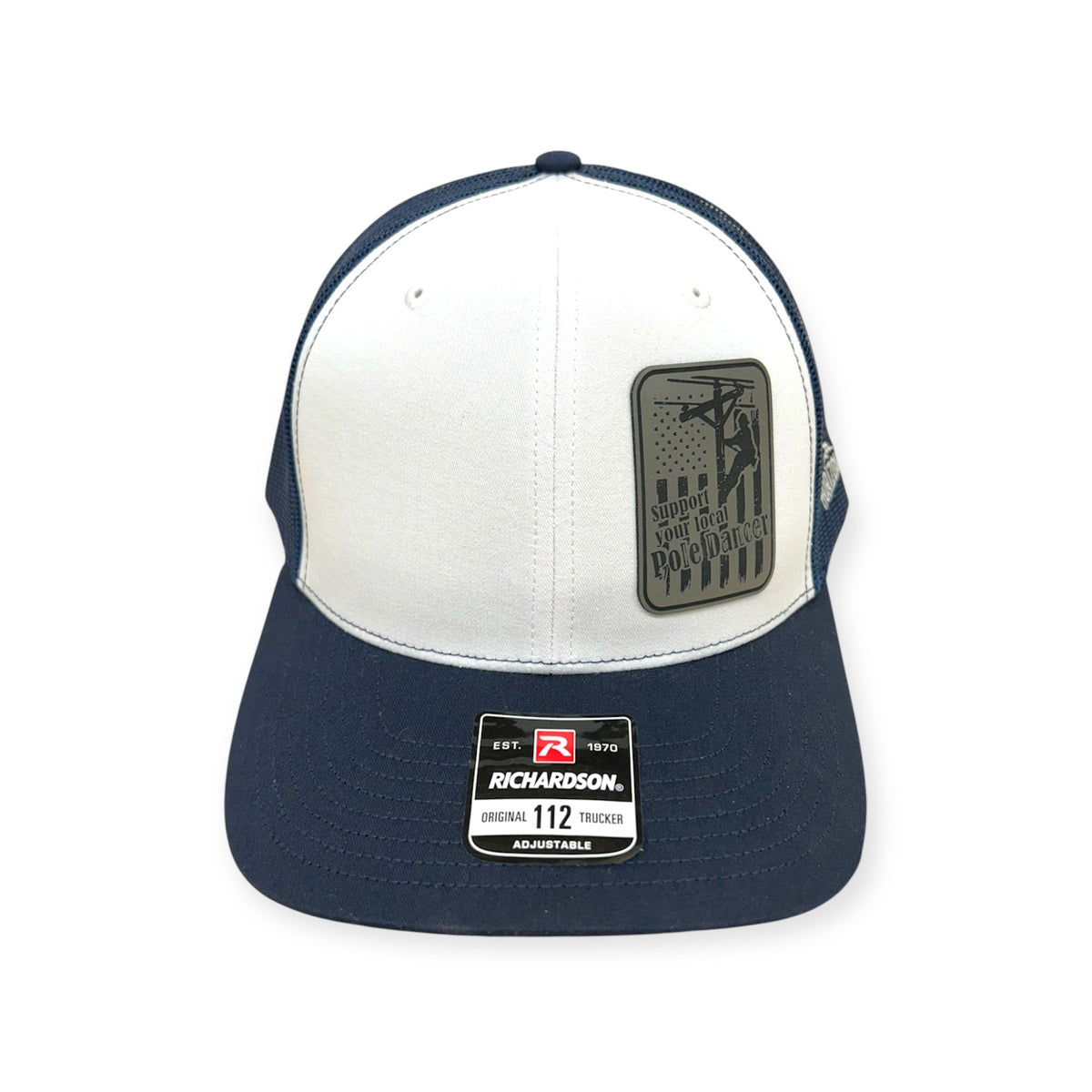 Front view of Support Your Local Pole Dancer patch hat by Horizon Hat Co. in white/navy showing lineman working on an electric pole with a trade-humor slogan