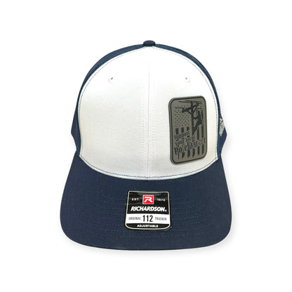 Front view of Support Your Local Pole Dancer patch hat by Horizon Hat Co. in white/navy showing lineman working on an electric pole with a trade-humor slogan