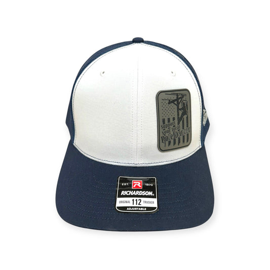 Front view of Support Your Local Pole Dancer patch hat by Horizon Hat Co. in white/navy showing lineman working on an electric pole with a trade-humor slogan