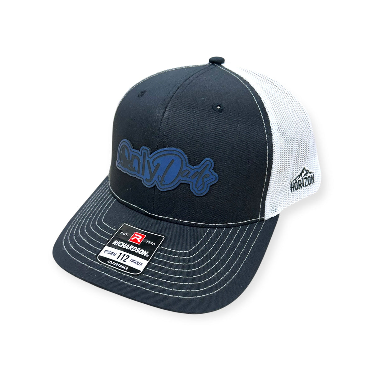 Angled view of Only Dads patch hat by Horizon Hat Co. in black/white showing the bill and side panels
