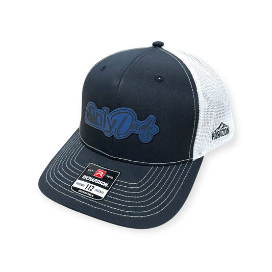 Angled view of Only Dads patch hat by Horizon Hat Co. in black/white showing the bill and side panels