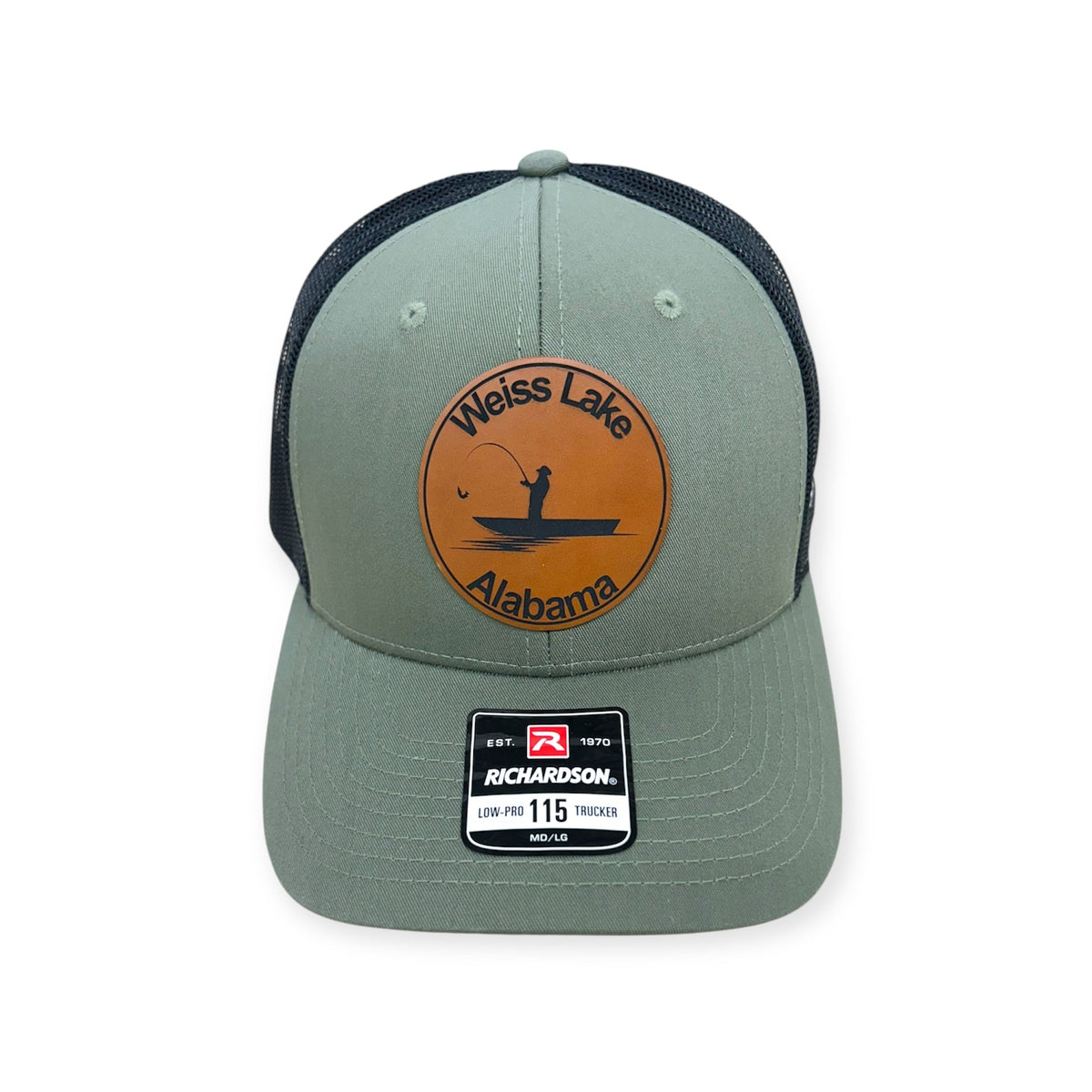 Front view of Weiss Lake patch hat by Horizon Hat Co. in loden/black showing weiss lake, alabama, destination patch