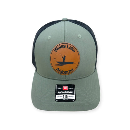 Front view of Weiss Lake patch hat by Horizon Hat Co. in loden/black showing weiss lake, alabama, destination patch