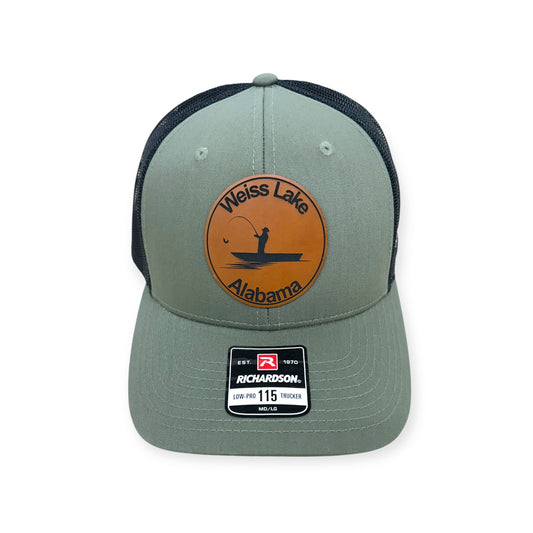 Front view of Weiss Lake patch hat by Horizon Hat Co. in loden/black showing weiss lake, alabama, destination patch