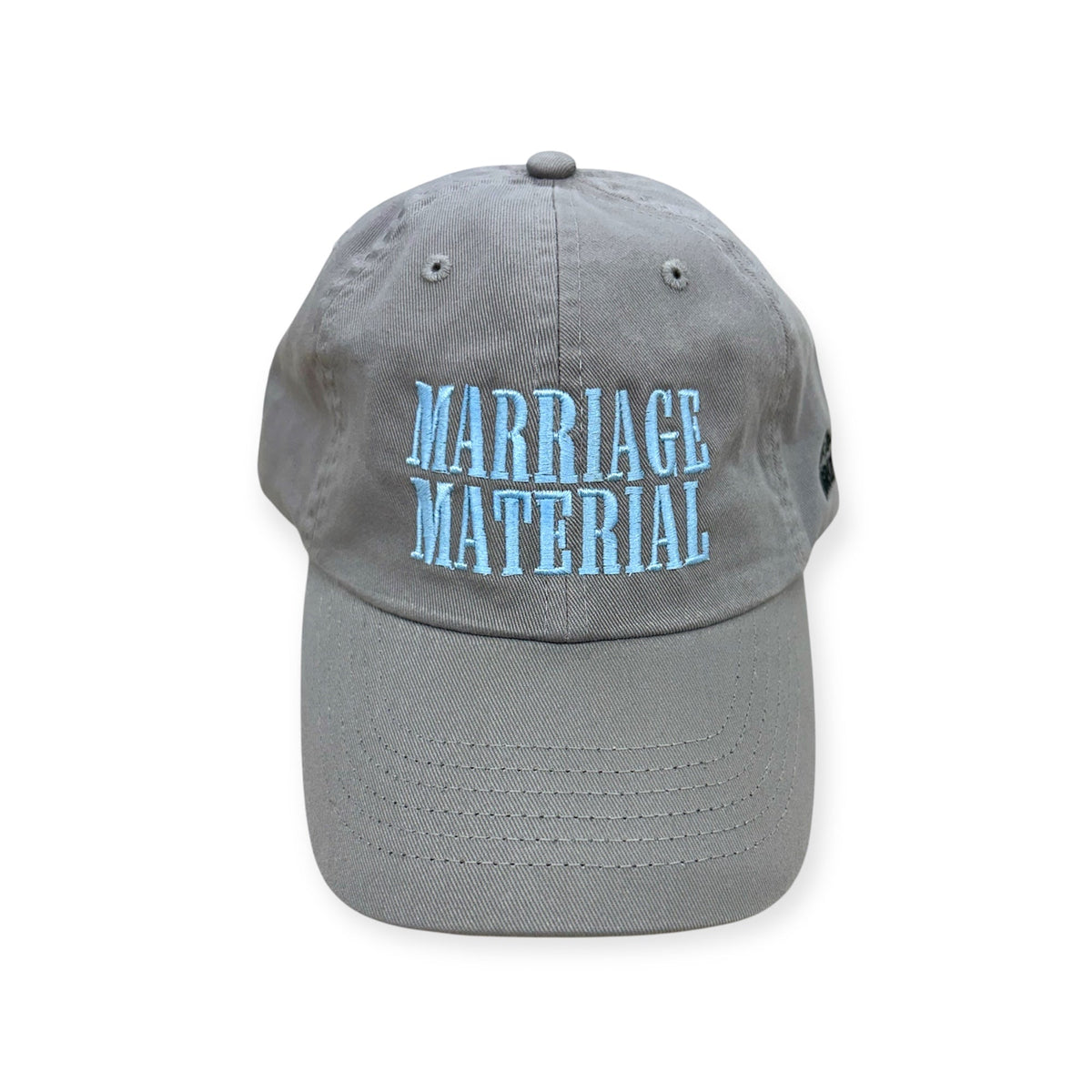Front view of Marriage Material embroidered cap by Horizon Hat Co. in gray/light blue lettering showing marriage material front embroidery